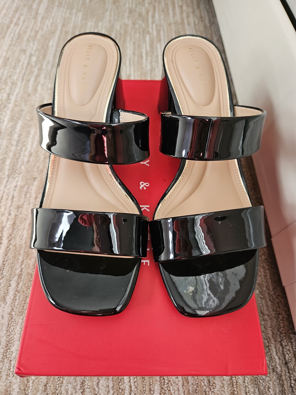 Kelly & Katie Black Patent Double-Strap Square-Toe Slide Mules